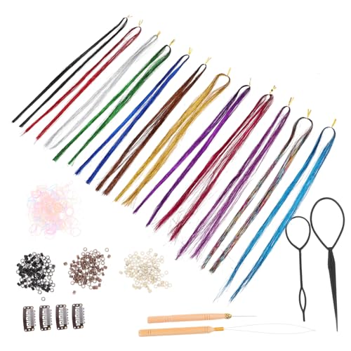 Homoyoyo Haarverlängerung mit Bunten Glitzer Strähnen DIY Haar Tinsel Kit mit Silikon Ringen Häkelnadel Haargummis und Clips Vielseitige Wiederverwendbare Haar Accessoires für Styling und von Homoyoyo