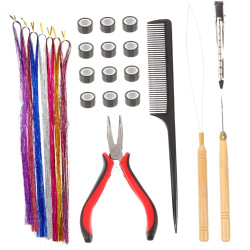 Homoyoyo Hair Tinsel Kit Farbigen Glitzer strähnen Silikonbeschichtete Micro Beads Holz häkelnadel Pulling Loop Silikon klammern Spitze Pinzette für DIY party haarschmuck und Festival von Homoyoyo