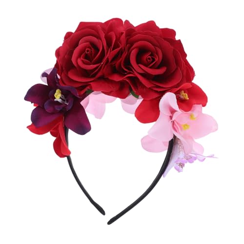 Homoyoyo Halloween Haarreif Kunstrosen Krone Stirnband Mexikanischer Day Of The Dead Kopfschmuck Tiefrote Blüten Vielseitiges Blumenschmuck Accessoire für Party und Kostüm von Homoyoyo