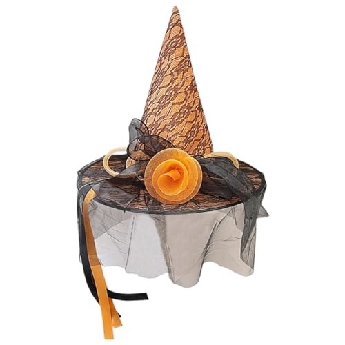 Homoyoyo Halloween Hexenhut Damen mit Orangefarbenem Mesh Blumen Eleganter Cosplay Hut für Verkleidung Rollenspiel und Partys Vielseitiges Partyaccessoire von Homoyoyo