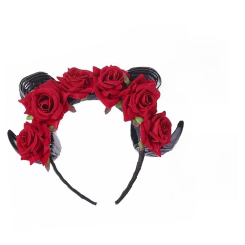 Homoyoyo Halloween Stirnband mit Roten Samtrosen und Schwarzen Hörnern Leichtes Bequemes Kopfschmuck für Damen und Mädchen für Halloween Karneval Cosplay und Festtagsfeiern von Homoyoyo
