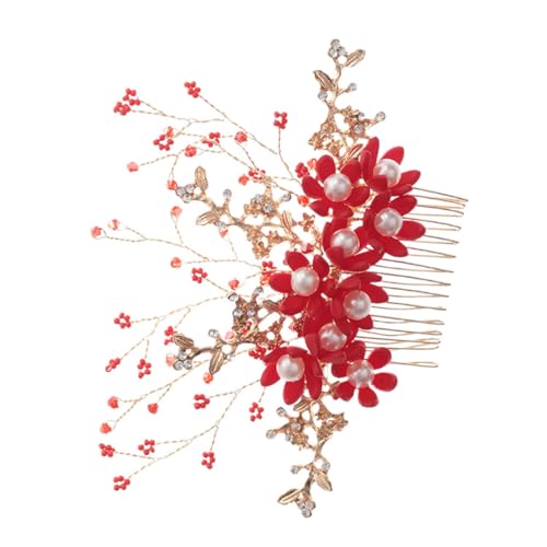 Homoyoyo Handgefertigter Roter Brauthaarschmuck mit Perlen Blumenförmiger Haarkamm Eleganter Hochzeitskopfschmuck für Braut und Festliche Anlässe von Homoyoyo