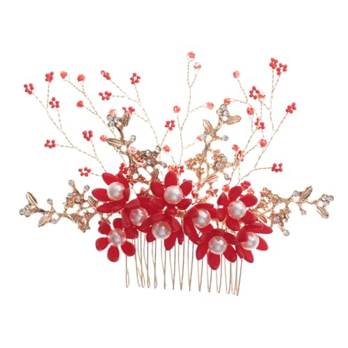 Homoyoyo Handgefertigter Roter Perlen Braut Haarkamm Eleganter Blumen Kopfschmuck Leichtes Hochzeits Haar Accessoire für Damen Einzigartiges Design Passend für Festliche Anlässe von Homoyoyo