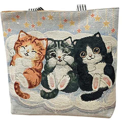 Homoyoyo Katzenmotiv Umhängetasche Aus Baumwolle Und Leinen Große Messenger-tasche Für Damen Freizeittasche Zum Einkaufen Und Reisen Mit Gesticktem Katzenmuster von Homoyoyo