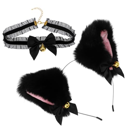 Homoyoyo Katzenohren Haarreif Set mit Schwarzem Spitzen und Glocke Verstellbares Cosplay Accessoire für und Mädchen für Karneval Halloween und Party von Homoyoyo