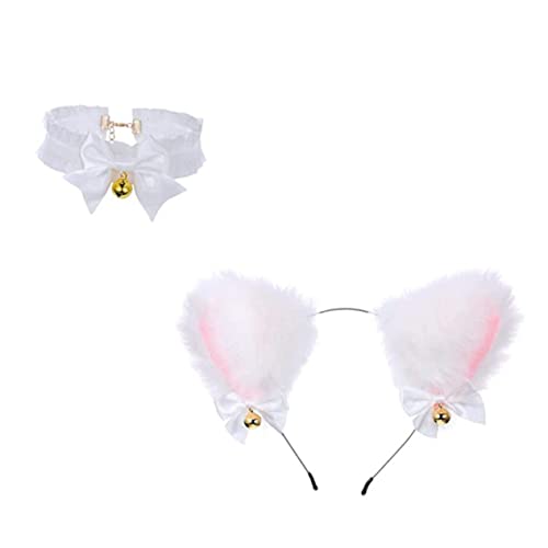 Homoyoyo Katzenohren Haarreif mit Weißem Schleifen und Zarter Choker Halskette Niedliches Cosplay für Damen und Mädchen Leichtes Langlebiges Partyzubehör für Halloween und Karneval von Homoyoyo