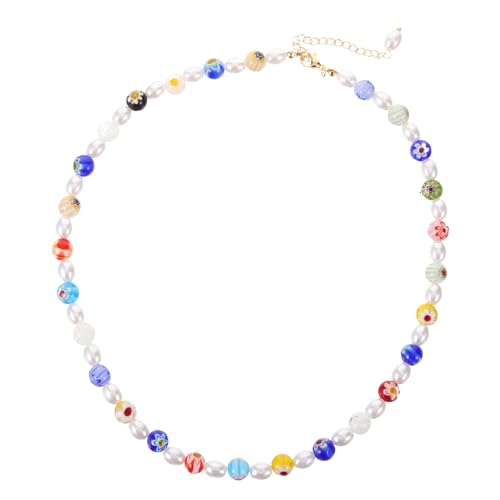 Homoyoyo Klassische Perlenkette für Damen Glaskugeln Rundperlen Vintage Blumenmuster Kunstperlen für Outfit Eleganter Schmuck für Besondere Anlässe von Homoyoyo