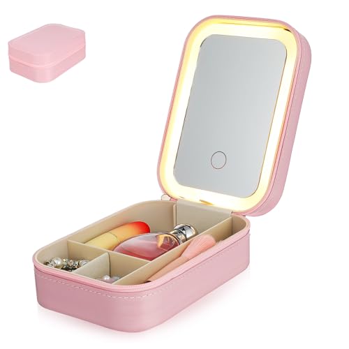 Homoyoyo Kosmetiktasche mit LED Spiegel Tragbare Schminktasche mit Wiederaufladbarem Licht Kompakter Make Up Organizer für Reisen Stilvolles Design für Unterwegs von Homoyoyo