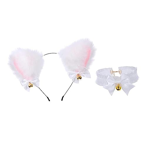 Homoyoyo Kuscheliger Katzenohren Haarreif mit Weißer Schleife und Passender Halskette Niedliches Cosplay Accessoire für Halloween Mottoparty Karneval und Fotoshootings von Homoyoyo