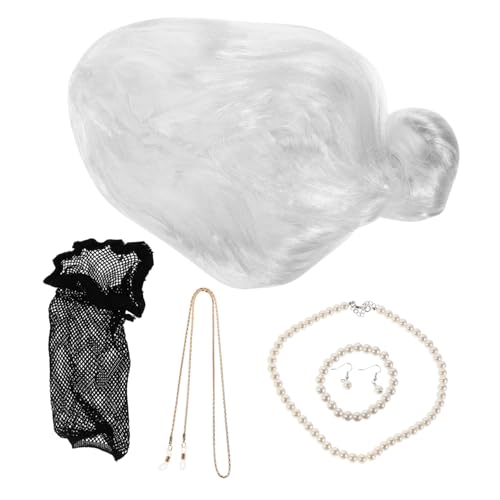 Homoyoyo Old Lady Wig Set mit Silbergrauem Haarknoten Atmungsaktiv Lebensnahes Design Inklusive Perlenkette Ohrstecker und Brillenkette für Damen und Mädchen für Halloween und Kostümpartys von Homoyoyo