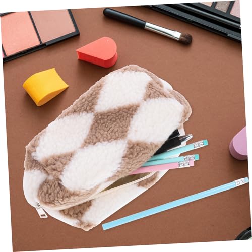 Homoyoyo Plüsch Kosmetiktasche Weich Multifunktional Schminktasche Reise Make Up Tasche Kawaii Chessboard Muster Khaki für Damen Alltag und Kalte Jahreszeit von Homoyoyo