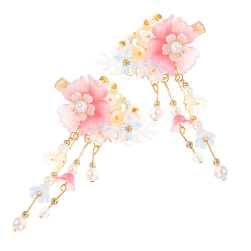 Homoyoyo Süße Chinesische Blüten Haarklammern mit Quasten Hanfu Haarspangen für Mädchen Zarte Haarschmuck Accessoires im Traditionellen Stil Rosa Bananenblatt Design von Homoyoyo