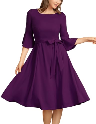 Homrain Cocktailkleid Damen Elegant für Hochzeit Festlich 3/4 Arm Kleider Midi Abendkleid Grape L von Homrain