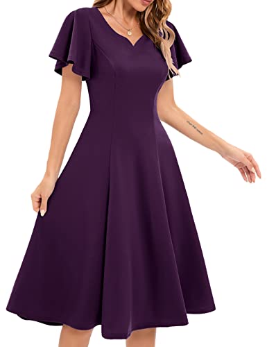 Homrain Damen 1950er Rockabily Ccoktailkleid Mittellang Elegantes Vintage Kleid Plissee Kleid Vintage V-Ausschnitt Abendkleid A-Linie Grape 2XL von Homrain