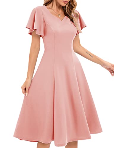 Homrain Damen 1950s Retro Kleid Elegant V-Ausschitt Cocktailkleid Swing A-line Brautjungfernkleidleid Midilang Swing Abendkleid für hochzeitsgäste Sommer Kurzarm Kleid Blush XL von Homrain