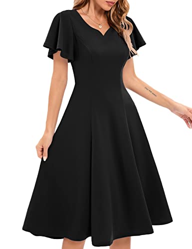 Homrain Damen 1950s Rockabilly Cocktailkleid Vintage Retro Schwing Faltenrock Sommer Kurzarm Kleid Festliches Hochzeitskleid Knielang Abendkleid Black S von Homrain