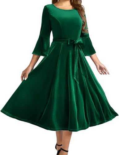 Homrain Damen 50er Jahre Kleider Midi Rundhals Festliches Kleid Vintage Brautkleid mit Gürtel DarkGreen L von Homrain