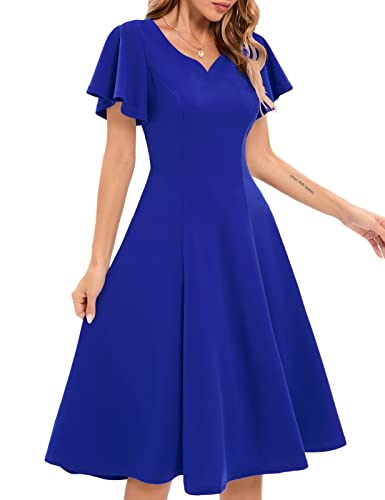 Homrain Damen 50s Rockabilly Cocktailkleid Vintage Retro Schwing A-line Faltenrock Sommer Kurzarm Kleid Festliches Hochzeitskleid Knielang Abendkleid Royal Blue XL von Homrain