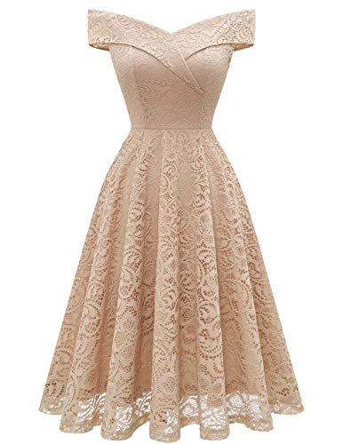 Homrain Damen Brautjungfernkleider Schulterfrei Spitzenkleid Rockabilly Cocktailkleid Schwingen Swing Rockability A-Linie High Low Ballkleid -1Champagne 3XL von Homrain