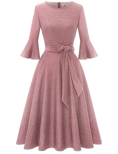 Homrain Damen Glitzerkleider für Hochzeitsgäste Glockenärmel Paillettenkleider für Frauen Cocktail Party Abend Glitzerkleid Glitter-Blush XL von Homrain