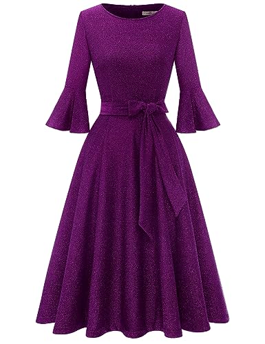 Homrain Damen Glitzerkleider für Hochzeitsgäste Glockenärmel Paillettenkleider für Frauen Cocktail Party Abend Glitzerkleid Glitter-Grape 2XL von Homrain