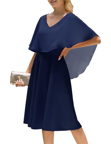 Homrain Damen Große Größe Abendkleid Chiffon Cape Elegant Jugendweihe Kleider Hochzeit V-Ausschnitt Knielang A-Linie Sommer Cocktailkleideid Navy M von Homrain