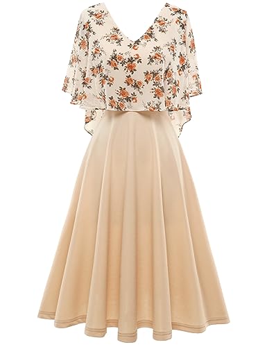 Homrain Damen Kleid Plus Größe Abendkleid Chiffon Cape Elegant Cocktailkleid Hochzeit V-Ausschnitt Knielang A-Linie Sommer Kleid Apricot Flower 2XL von Homrain