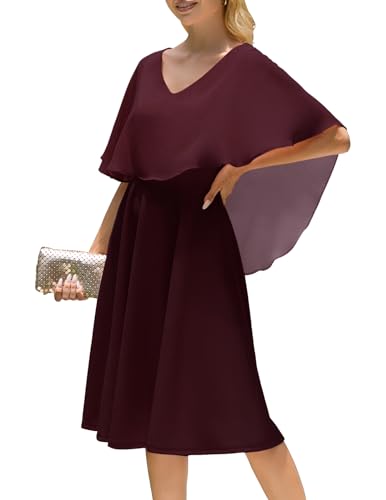 Homrain Damen Plus Größe Brautjungfernkleider Chiffon Cape Elegant Cocktailkleid Hochzeit Abendkleid V-Ausschnitt Knielang A-Linie Sommer Kleid Burgundy XL von Homrain