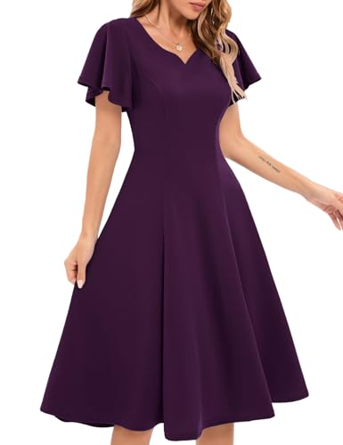 Homrain Damen Rockabilly Kleid Midilang Retro Cocktailkleid Sommer Kurzarm Kleid Große Größe Knielang A-Line Ballkleid Grape XL von Homrain