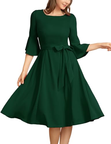 Homrain Damen Rockabilly Kleider Festlich 3/4 Arm Midi Kleider Abendkleid Dark Green 2XL von Homrain