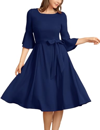 Homrain Damen Rockabilly Kleider Festlich 3/4 Arm Standesamtkleid Midi Abendkleid Elegant für Hochzeit Navy L von Homrain