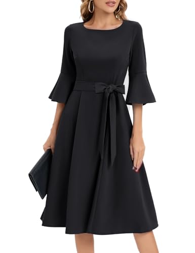 Homrain Damen Rockabilly Kleider Festlich 3/4 Arm Midi Kleider Abendkleid Black XL von Homrain