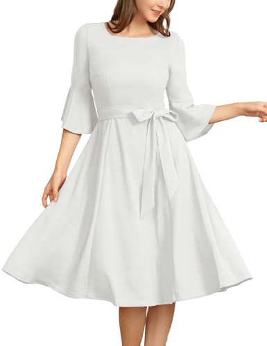 Homrain Damen Rockabilly Kleider Festlich 3/4 Arm V-Ausschnitt Midi Kleider Abendkleid White XL von Homrain