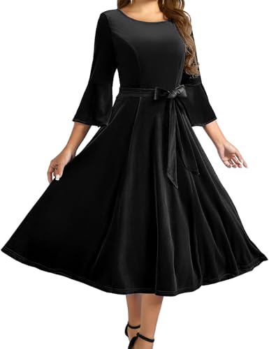 Homrain Damen Rockabilly Kleider Knielang Kleider Langarm Festliche Kleider für Hochzeit Vintage Cocktailkleid Black L von Homrain