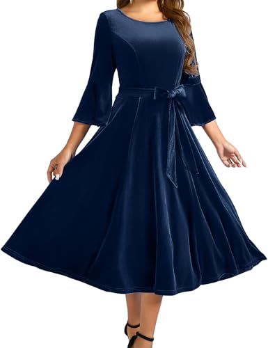 Homrain Damen Rockabilly Samt Kleider 3/4 Arm Midilang Festliche Kleider für Hochzeit Vintage Cocktailkleid Navy S von Homrain