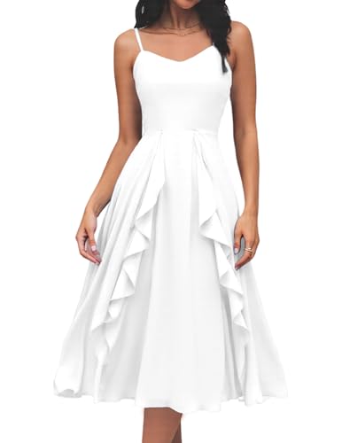 Homrain Damen-Sommerkleider 2025 Ärmelloses Casual Spaghetti-Träger Rüschenkleid Brautgastkleider für Frauen Weiß 2XL von Homrain
