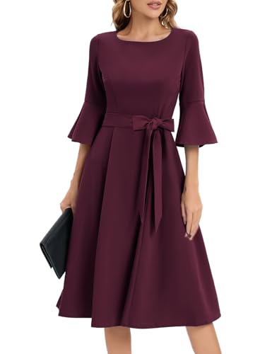 Homrain Damen Vintage Kleider Weihnachtskleid Festlich 3/4 Arm Midi Kleider Abendkleider Elegant für Hochzeit Burgundy L von Homrain