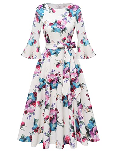 Homrain Festliche Kleider für Hochzeit 3/4 arm Midi Kleider Rockabilly Abendkleid lang Cocktailkleid White Flower XL von Homrain