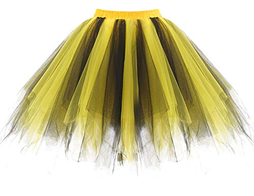 Homrain Tutu Damenrock Tüllrock 50er Rockabilly Petticoat Ballet Firt Tulle Tanzkleid Unterkleid Karneval Kostüm Festliche Tüll Crinoline Petticoat für Rockabilly Kleid Black-Yellow L von Homrain