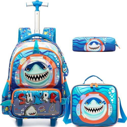 Homskiii Kinder-Rollrucksack mit Rollen für elementare Mädchen, Jungen, Reisegepäck, Handgepäck-Rucksack, B Shark von Homskiii
