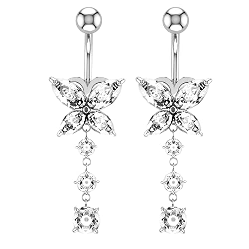 Homxi 2 Pcs Bauchnabelpiercing,Bauchnabelpiercing Set 14G Edelstahl Bauchnabelpiercing Hängend Schmetterling Zirkonia Weiß Bauchnabelpiercing Set für Damen Silber von Homxi
