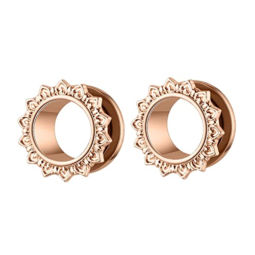 Homxi 2PCS Ohrring Tunnel 10mm,Ohr Tunnel Edelstahl 00G Ohrstecker Plug Herren mit Blume Ohr Plug Set Rosegold von Homxi