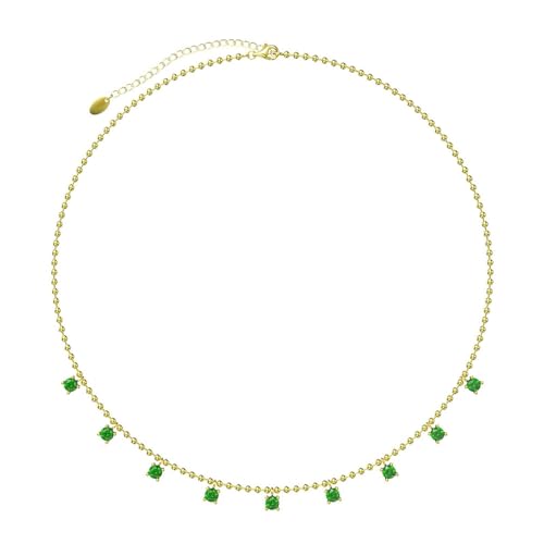 Homxi Anhänger Halskette Damen Gold Grün,Halskette 925 Silber mit Anhänger Mädchen 2MM Perlenkette mit Zirkonia Anhänger Kette Gold Grün von Homxi