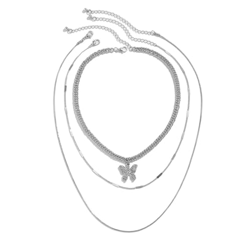 Homxi Anhänger Kette Silber Mädchen,Kette Versilbert Mädchen mit Anhänger Mehrlagige Kette mit Schmetterling Halskette mit Anhänger Silber von Homxi