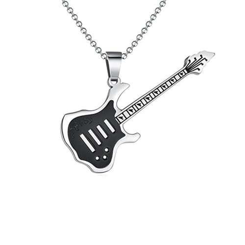 Homxi Anhänger Kette Unisex Silber Schwarz,Anhänger Kette Edelstahl Männer Gitarre Anhänger Halsketten Silber Schwarz von Homxi