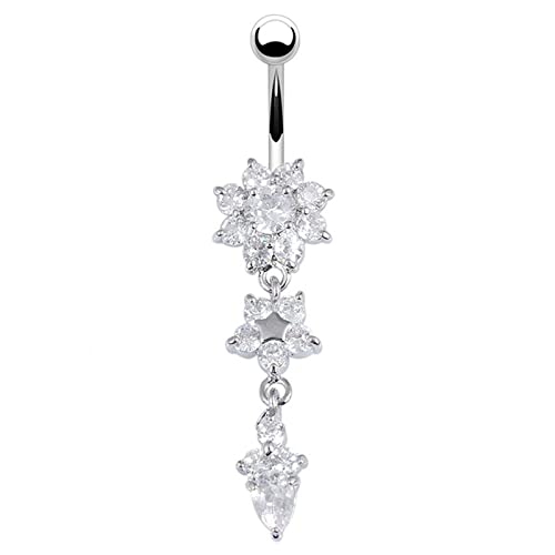 Homxi Bauchnabelpiercing 1.6mm Set,Blume mit Wassertropfen Weiß Zirkonia Bauchnabelpiercing für Damen Bauchnabelpiercing aus Edelstahl Silber von Homxi