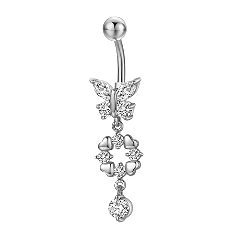 Homxi Bauchnabelpiercing 11mm,Schmetterling mit Weiß Zirkonia Herz Bauchnabelpiercing für Damen Bauchnabelpiercing Anhänger Edelstahl Weiß von Homxi