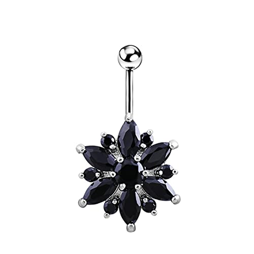 Homxi Bauchnabelpiercing 15mm Billig,Blume Schwarz Zirkonia Bauchnabelpiercing Set für Damen Schmorpfanne Edelstahl Bauchnabelpiercing Schwarz Silber von Homxi