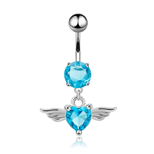 Homxi Bauchnabelpiercing 24mm Edelstahl,Flügel mit Herz Blau Zirkonia Bauchnabelpiercing Damen Bauchnabelpiercing Edelstahl Blau von Homxi