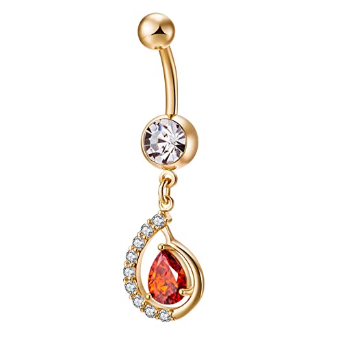 Homxi Bauchnabelpiercing Chirurgenstahl 12mm,Wassertropfen Rot Zirkonia Bauchnabelpiercing Edelstahl Hängend Damen Bauchnabelpiercing Gold von Homxi